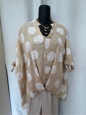 Beige Polka Dot 100% Italian  Linen Women's Top - Neutral Spot Print